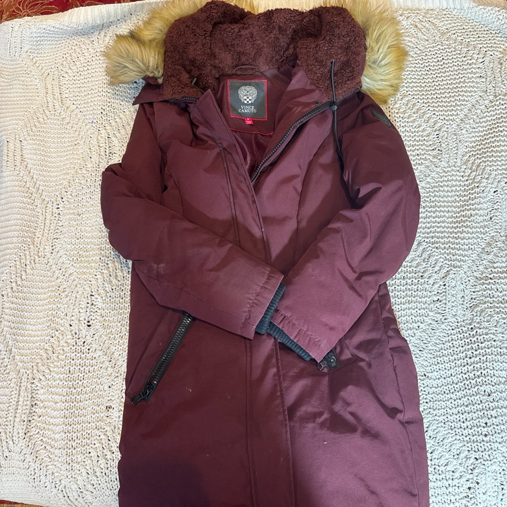 Vince Camuto Brown Tan Puffer Jacket with Faux Fur Hood